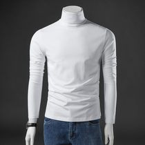 Spring and autumn thin high-neck t-shirt bottoming shirt pure white mens long-sleeved t-shirt solid color mens top autumn clothes