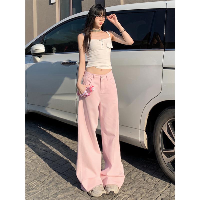 Wu Meiyao's Wardrobe Features Pink High-Waisted Straight-Leg Jeans for Women, Suitable for Spring and Summer, Slimming, Loose-Fitting, and with a Draping Effect, Floor-Length Pants Wu Meiyao's Wardrobe Features Pink High-Waisted Straight-Leg Jeans for Women, Suitable for Spring and Summer, Slimming, Loose-Fitting, and with a Draping Effect, Floor-Length Pants