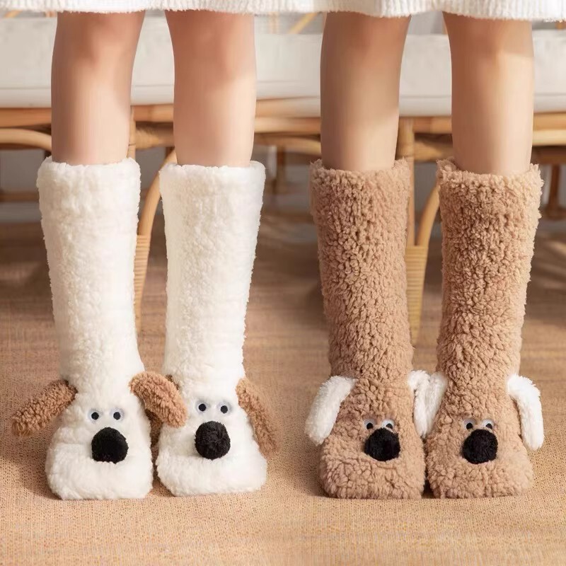 Cute Puppy Plush Socks, Thickened Coral Fleece Socks, Winter Warm Fleece-Lined Home Sleep Socks, Non-Slip Floor Socks