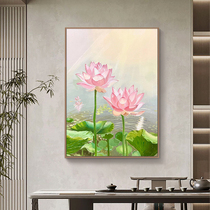 New Chinese style flowing water brings wealth lotus living room decoration painting good luck hand-painted oil painting plant flower entrance oil painting