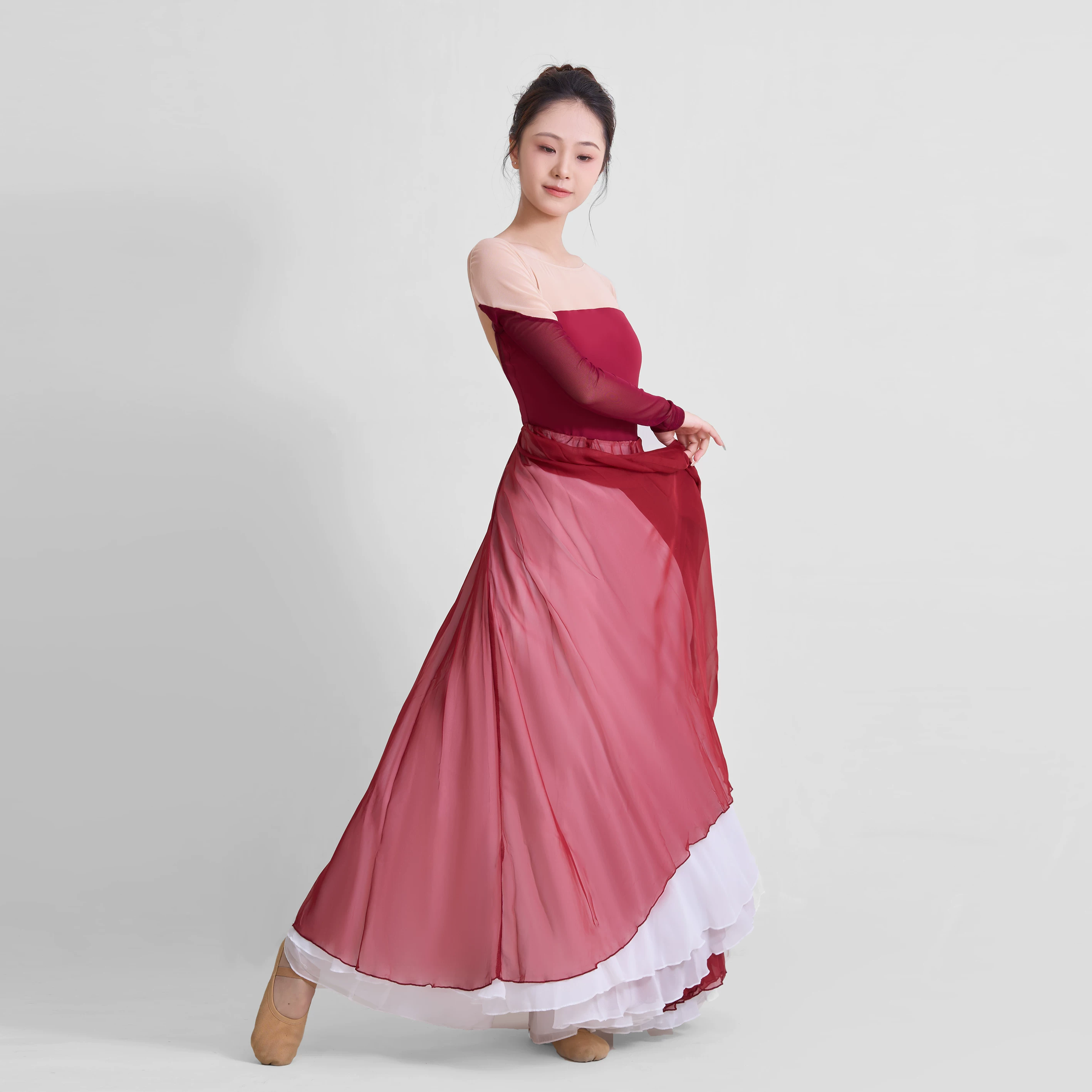 720° large skirt for the opening dance chiffon dance skirt Chinese dance national style red and white large skirt elegant repertoire art examination uniform