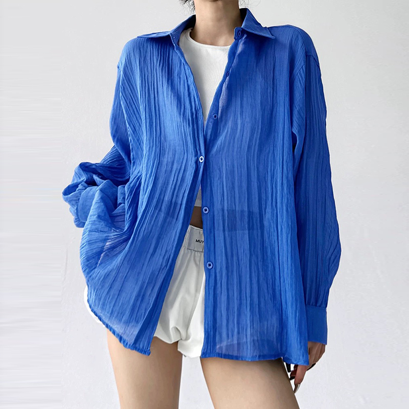 Summer New Style Top, Relaxed Blue Sheer Sun Protection Shirt, Women's Long-Sleeved Loose Lazy Style Slimming Jacket