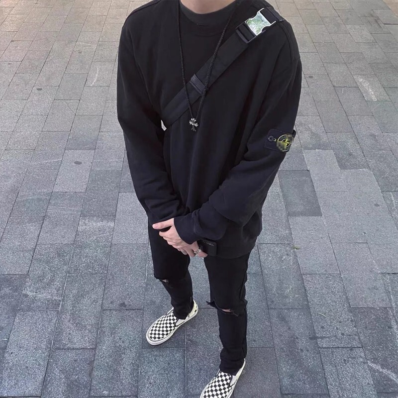 Stone Base European and American High Street Crew Neck Pullover Sweatshirt Long Sleeve T-Shirt 500g Versatile Couple Style Armband Badge Island Stone Base European and American High Street Crew Neck Pullover Sweatshirt Long Sleeve T-Shirt 500g Versatile Couple Style Armband Badge Island