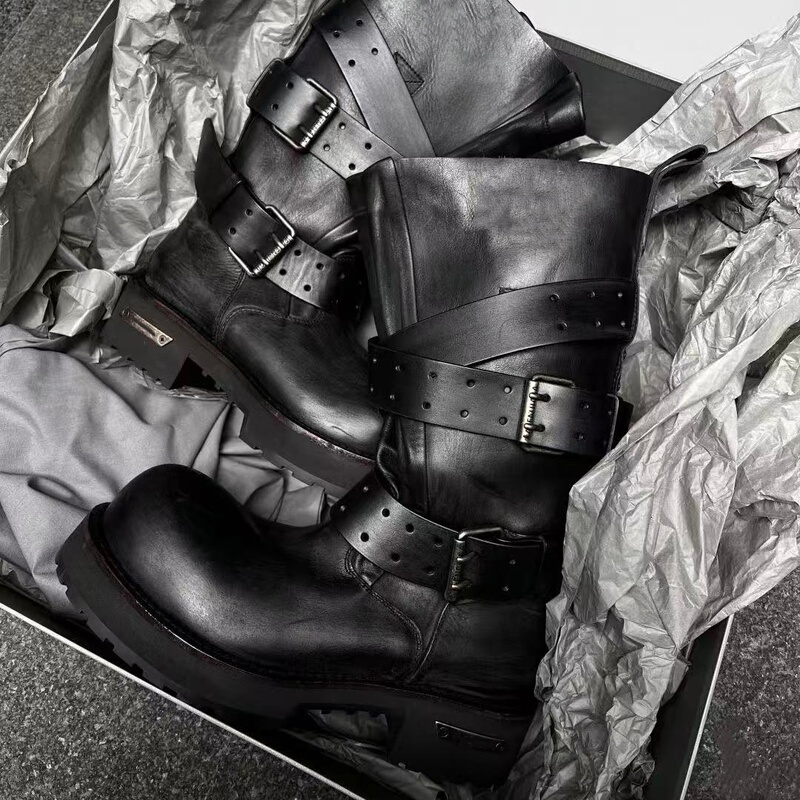 Full Cowhide ~ Dark Venom Boots 25 New Model Thick-Soled Belt Buckle Mid-High Boots Women's Retro Long Knight Boots
