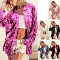 Cross-border Amazon new 2023ebay autumn and winter European and American coat long-sleeved lapel solid color gold velvet loose shirt