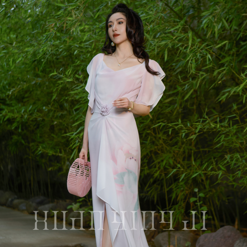 Xuanying Collection | Dreamy Fairy-Like Peony Positioning Print Ruffle Sleeve Mermaid Mid-Length Dress