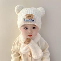 Baby hat autumn and winter cute little bear baby plush ear protection hat scarf set warm boy and girl pullover hat