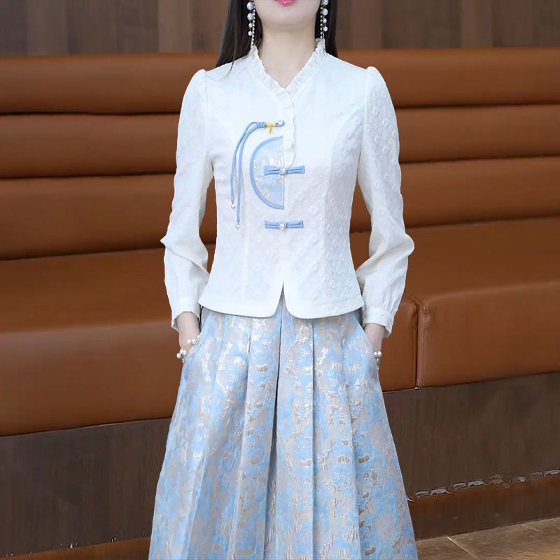 New Chinese-Style National Fashion Skirt Suit for Women, Spring and Summer 2026 New High-End Print Mamian Skirt Two-Piece Set for Women Summer