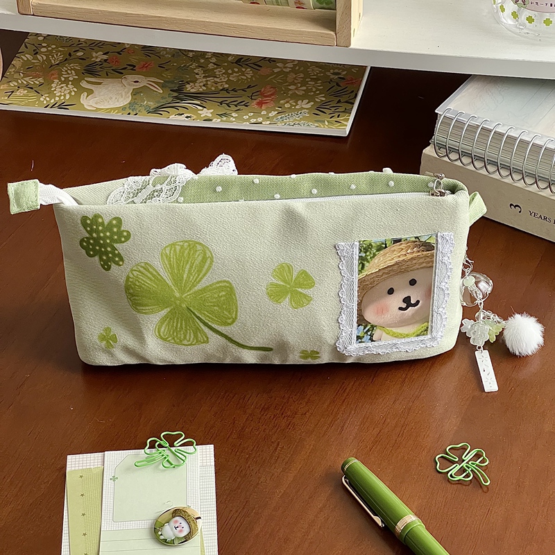 New Fresh and Healing Four-Leaf Clover Polka Dot Pencil Case with Lace Trim and Bowknot, Vintage Stationery Storage Bag Pencil Box New Fresh and Healing Four-Leaf Clover Polka Dot Pencil Case with Lace Trim and Bowknot, Vintage Stationery Storage Bag Pencil Box
