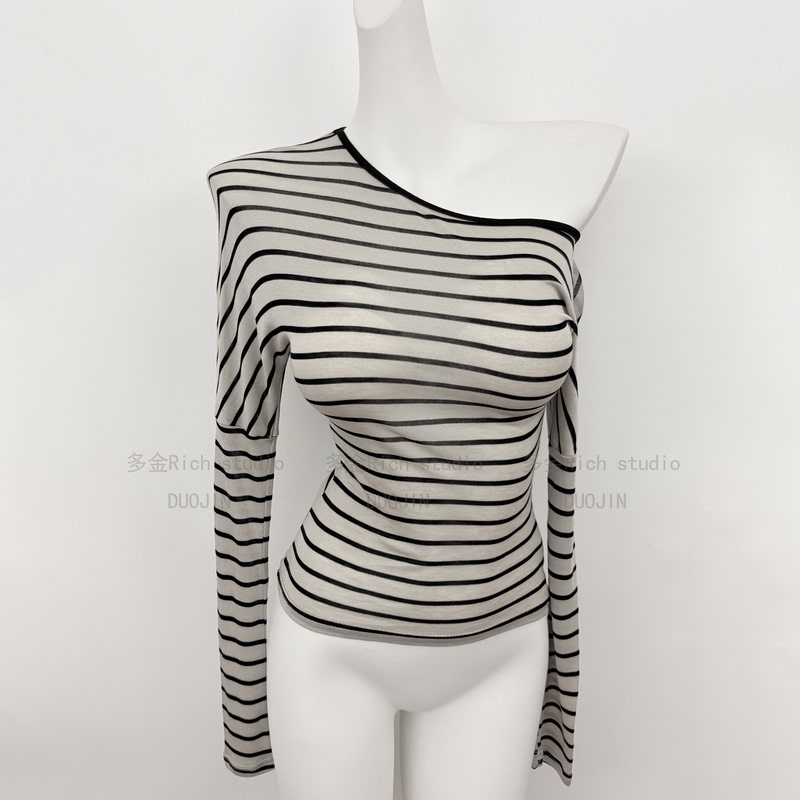Hot Girl Sexy Off-Shoulder Striped Long-Sleeve T-Shirt for Women 2025 Autumn New Design Slim Fit Top