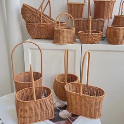 Flower Basket, Hand-Held, Made of Rattan, Straw, Bamboo, Wicker, for Flowers, Eggs, Postpartum Care, Fruit, Artificial Bouquet, Gift, Hand-Woven