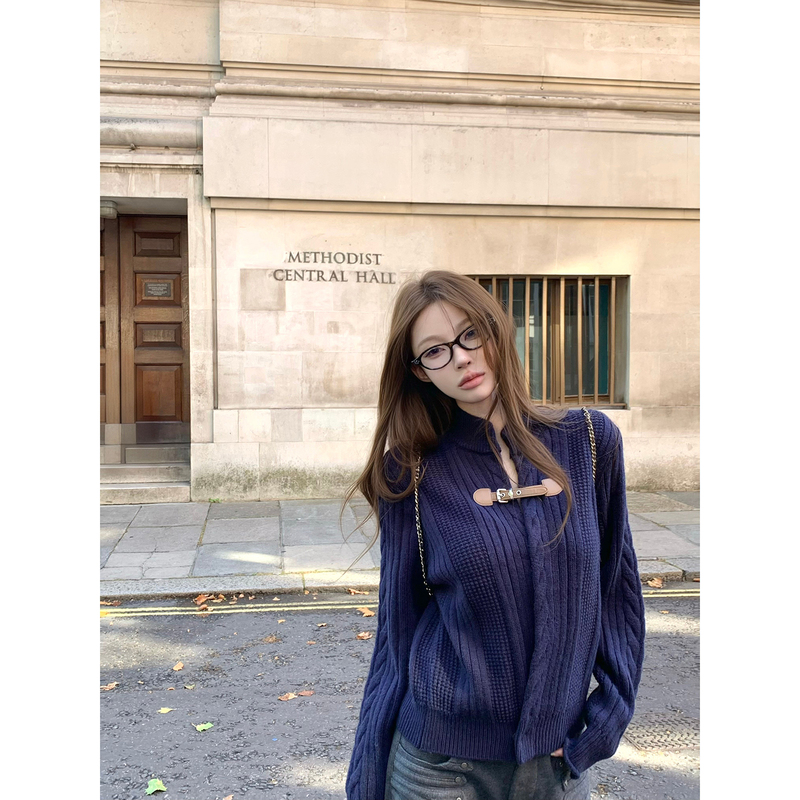 Suuuicee Study Abroad Outfit, Three Types of Knit Patterns + Handmade Leather Straps, Stand-Up Collar Retro Short Sweater Jacket Suuuicee Study Abroad Outfit, Three Types of Knit Patterns + Handmade Leather Straps, Stand-Up Collar Retro Short Sweater Jacket