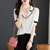 Short-sleeved t-shirt for women summer 2024 new style belly-covering loose polo shirt thin ice silk t-shirt sweater top