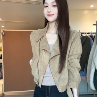 美式复古短款麂皮绒外套女2025秋季新款高级感小个子机车夹克上衣