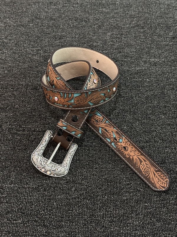 Vintage Three-Dimensional Carved Copper-Colored Turquoise Color-Blocked Embossed Leather Belt with Heavy-Duty Pin Buckle in Retro Style