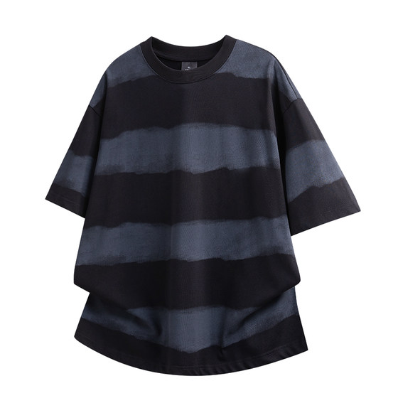 ins Tie-Dye American Style 280g Heavy Cotton Short-Sleeve T-Shirt for Men, Trendy Brand, Loose Striped Color-Block High Street Top, Summer Style