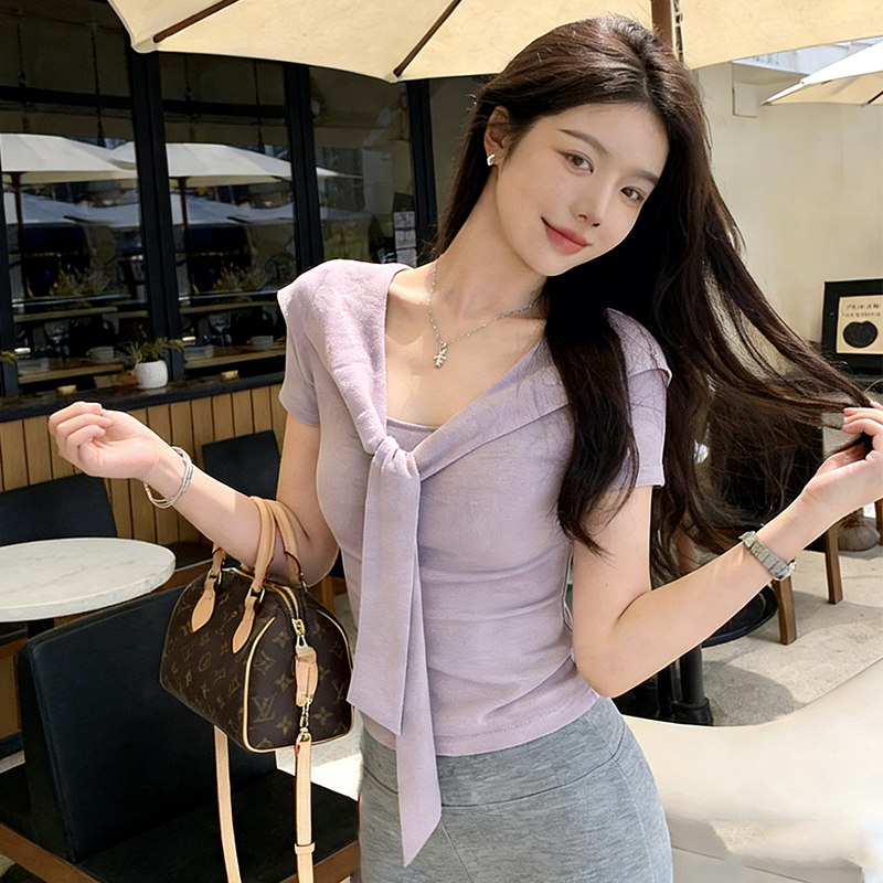 Pure Desire Style, Straight Shoulder U-Neck Short-Sleeve T-Shirt for Women, 2025 New Summer Korean Design, Stylish Top with Cape-Like Fake Two-Piece Design