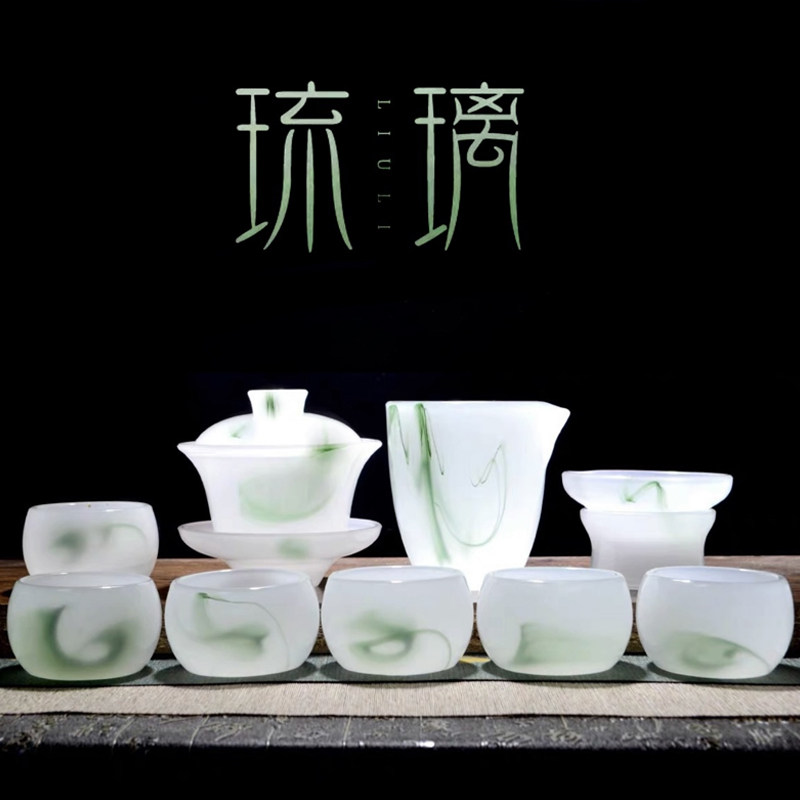 High-end Chinese Glazed Jade Porcelain Kung Fu Cover Bowl Tea Set Emerald Green Whole Set Household Bubble Teapot Cup Home-Taobao
