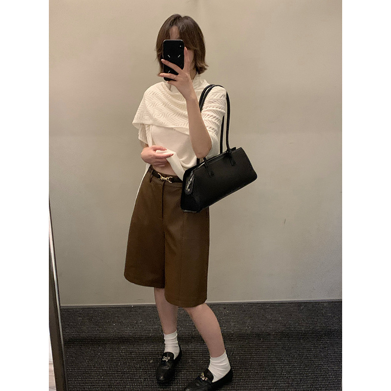 Mmc Dition Women's Autumn Pu Leather Cropped Wide-Leg Pants High-Waisted Cropped Leather Pants Retro Loose Leather Pants 25292