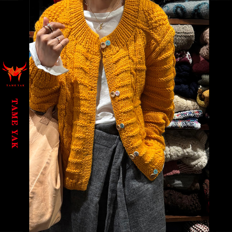 Tame Yak | Autumn Lazy Style Outfit: Orange Top with a Unique Design, Chunky Knit, Unisex Sweater Cardigan Jacket. Tame Yak | Autumn Lazy Style Outfit: Orange Top with a Unique Design, Chunky Knit, Unisex Sweater Cardigan Jacket.