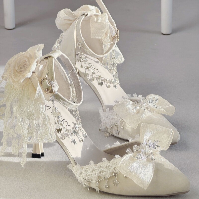 He Meiyi Original Lolita Shoes High Heels Lolita Wedding Dress Off-White Sparkling Coming-Of-Age Ceremony Wedding Dress Banquet