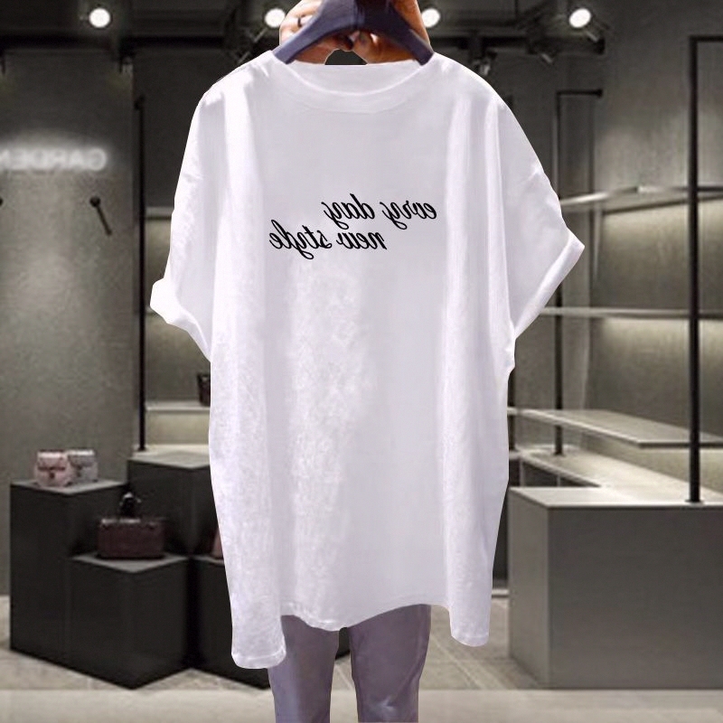 Plus-Size Summer Fashion New Loose Letter Print T-Shirt for Women, Student Style, Mid-Length, Hip-Covering, Short-Sleeve Top, Trendy