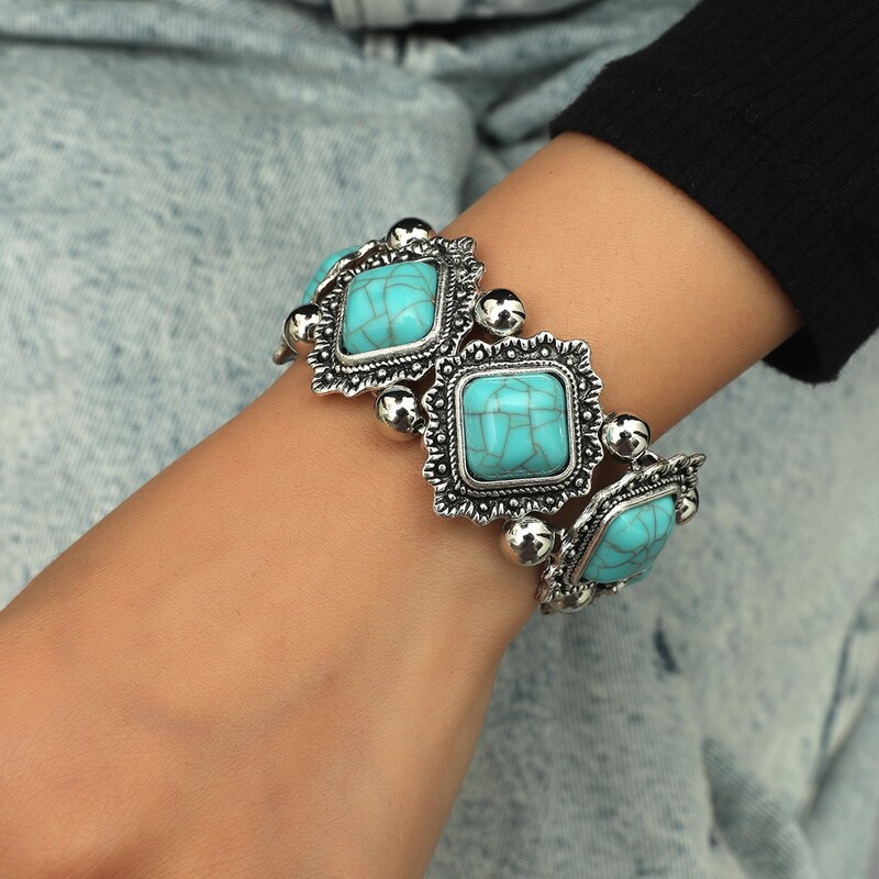 Turquoise Bracelet Niche European and American Ethnic Style Personality Retro Alloy Turquoise Elastic Bracelet Bohemian Bracelet