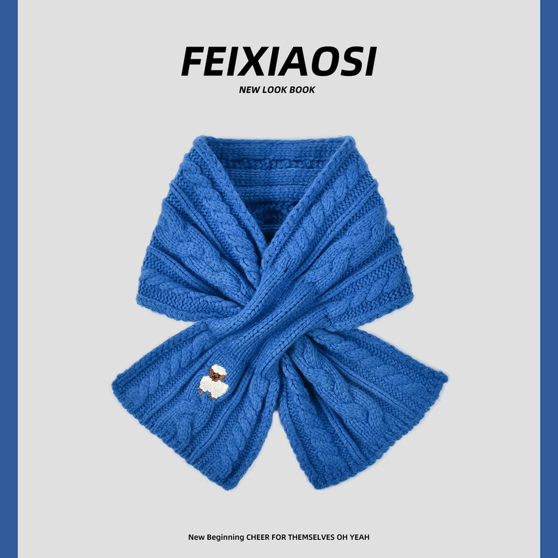 Outdoor Travel Royal Blue Cable-Knit Scarf for Women with Lamb Embroidery, Windproof, Warm, Casual, Versatile Cross-Neck Scarf