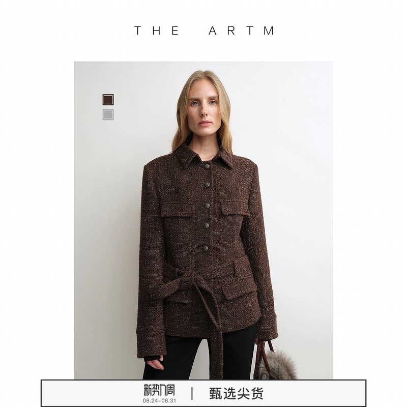 The Artm Waist-Cinching Shirt-Style Tweed Jacket for Women, Wool Tweed with Belt, Autumn Short Jacket, New Style The Artm Waist-Cinching Shirt-Style Tweed Jacket for Women, Wool Tweed with Belt, Autumn Short Jacket, New Style