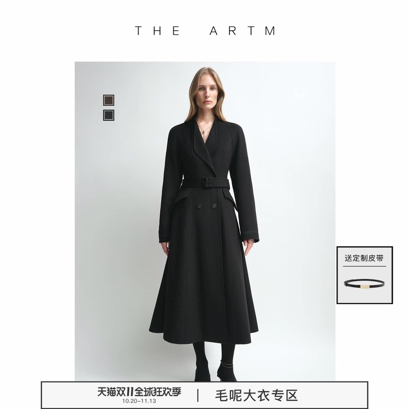 【Exquisite Vase Waist】The Artm Cashmere Wool Black Waist-Tightening Coat for Women A-Line Mid-Length Woolen Winter Coat