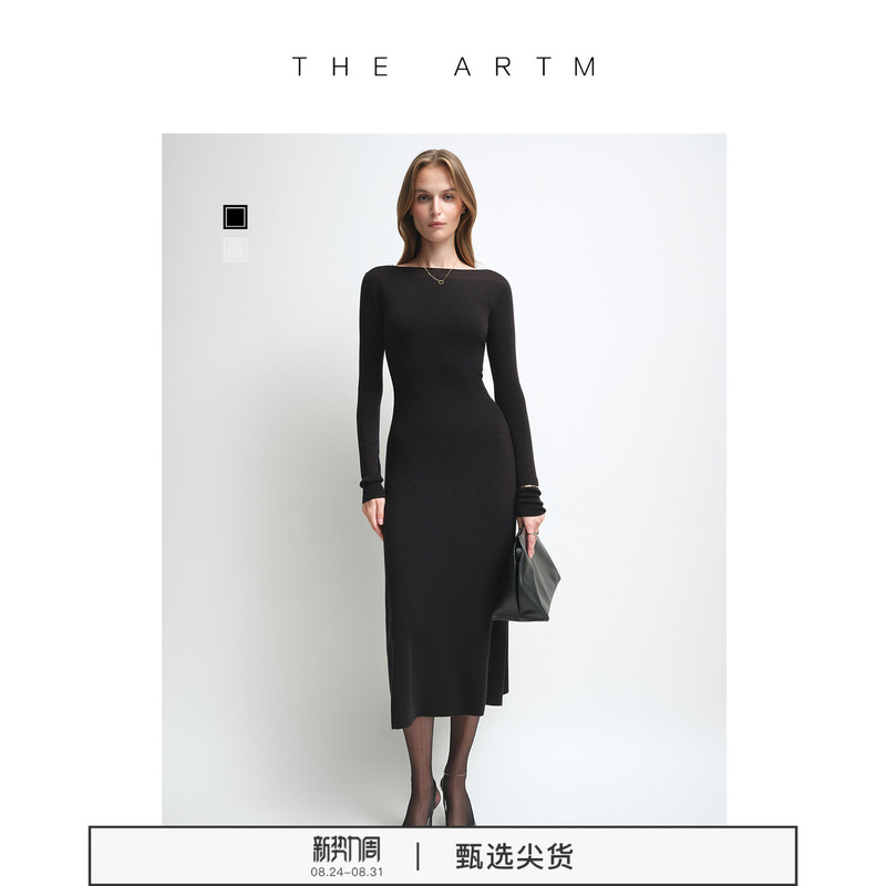 [Cashmere Knit Dress] the Artm Cashmere Lyocell Off-Shoulder Semi-Sheer Black Knit Long Dress for Women