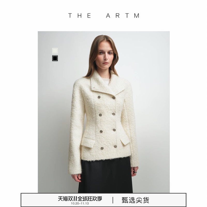 The Artm Mohair Alpaca Wool Waist-Cinching White Chanel-Style Jacket for Women with a Turn-Down Collar, New Autumn Jacket for Women