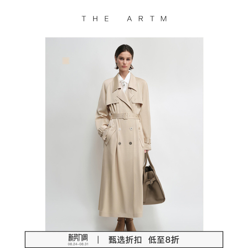 [Same Style as Tian Xiwei] the Artm Silky Acetate Saddle Shoulder Double-Breasted Long Trench Coat for Women 26 New Style