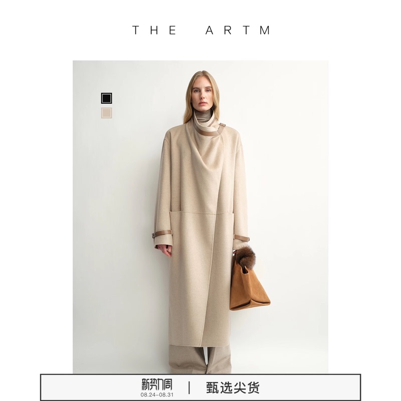 【Silk Wool】The Artm Classic Asymmetrical Scarf Collar Silhouette Two-Tone Wool Coat Black Jacket for Women