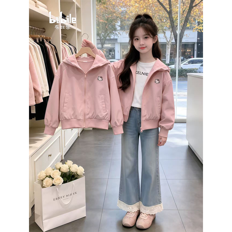 Girls' Spring and Autumn Pink Stand Collar Jacket 2026 New Cute Cat Embroidery Zipper Casual Children's Jacket Top