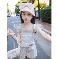 Girls overalls summer wear 2024 new style childrens summer thin jeans little girl pants suit summer