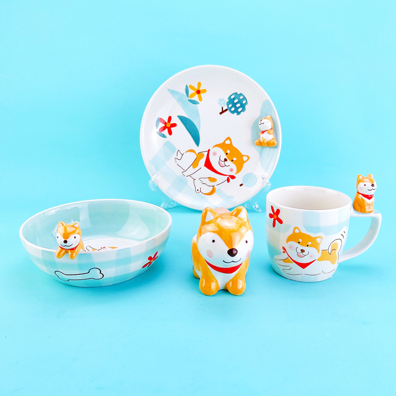 Marca Marco Imported from Thailand Kidsren's Ceramic Tableware Cartoon Shiba Inu Bowls, Plates, Cups, Egg Cups, Kidsren's Gifts
