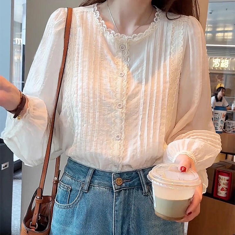 Early Spring Lace Long-Sleeved Shirt for Women, Spring and Autumn 2026 New Korean Style High-End Blouse, Inner Layering Top Early Spring Lace Long-Sleeved Shirt for Women, Spring and Autumn 2026 New Korean Style High-End Blouse, Inner Layering Top