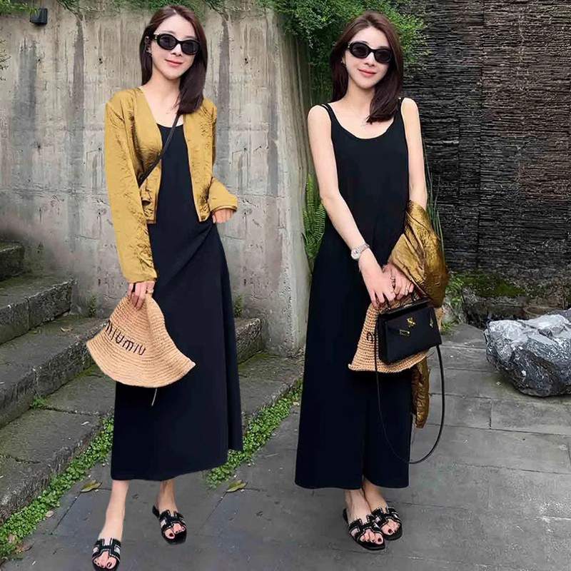 European Fashion Suit for Women, Summer Pleated Textured Cardigan, Acetate Jacket, Slimming Suspender Dress Two-Piece Set