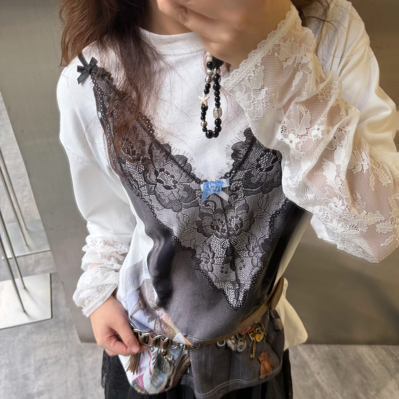 High-Quality Original Niche Satin Camisole with 3D Printed Design, Faux Two-Piece Lace Patchwork Long-Sleeve T-Shirt Top, Early Spring 26