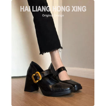 Retro Square-Toe Chunky Heel Women's Shoes 2026 Spring and Autumn New Thick-Soled Versatile Shallow Mouth Single Strap Mary Jane High Heels