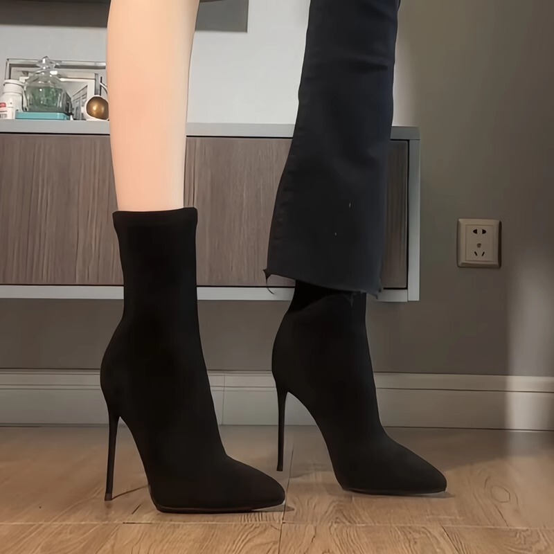 Black Elastic Slimming Sock Boots 2024 New Versatile Mid-Calf Stiletto Pointed Toe Slimming High-Heeled Short Boots for Women