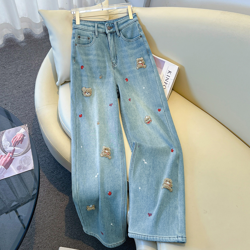 Light Blue Embroidered Jeans, Autumn Women's Clothing, 2026 New Style, Super Popular, Very Attractive, Cartoon Bear Straight-Leg Wide-Leg Pants