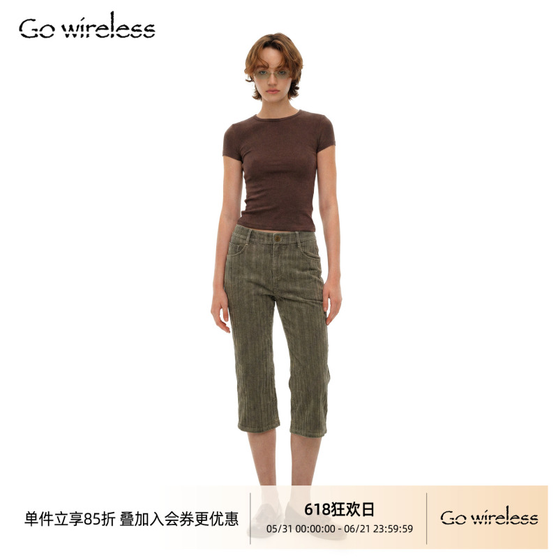 Gowireless Washed 100% Cotton Corduroy Distressed Vintage Cropped Pants