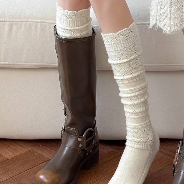 Japanese Retro Hollow-Out Thickened Calf Socks for Women, Mid-Calf Slouch Socks, Autumn and Winter Warm Socks to Pair with Boots, Long Socks, Boot Socks