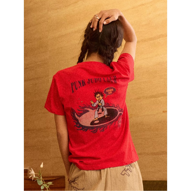 Nianjiuyi-Er Two Bad Boy Judo Club Hand-Drawn Illustration American Retro Distressed Print Short Sleeve T-Shirt
