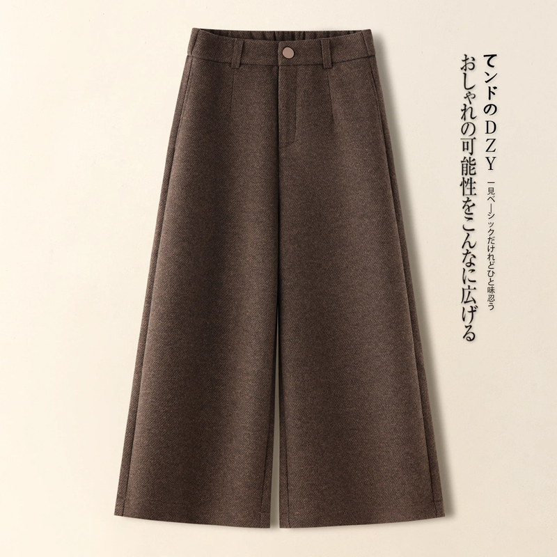 Petite Women's Brown Woolen Wide-Leg Pants 2026 New Autumn and Winter Cropped Loose Straight-Leg Pants