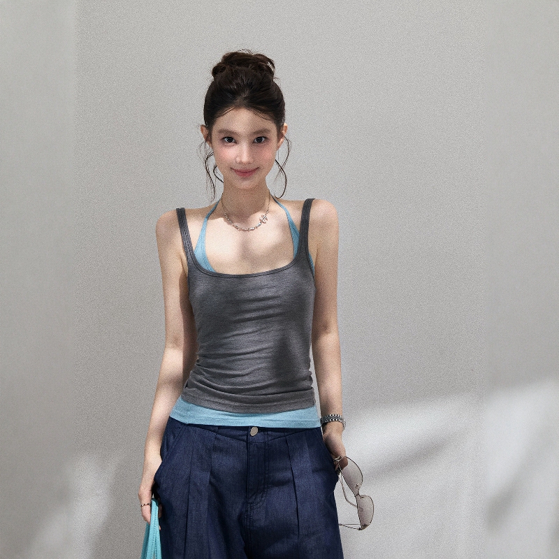 Color-Blocked Two-Piece Halter Neck Sleeveless Tank Top for Women, Summer Korean Style Casual Slim-Fit Outerwear Top