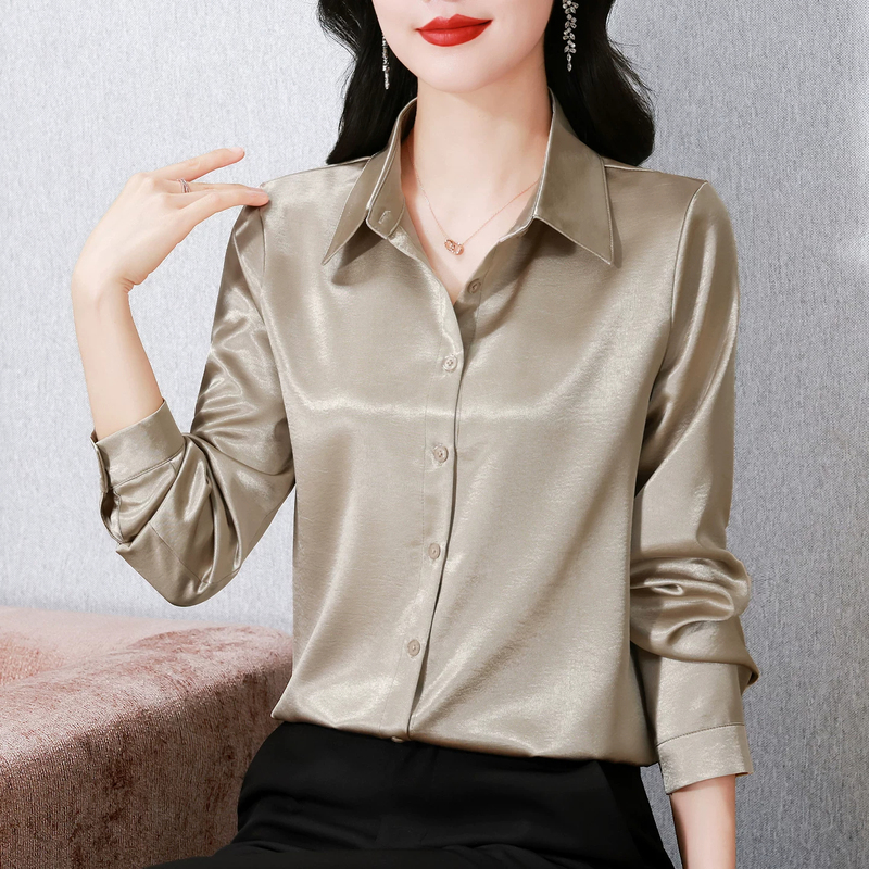 High-End Fashion Satin Long-Sleeve Shirt for Women 2026 New Versatile Elegant Mom Shirt Non-Iron Professional Top