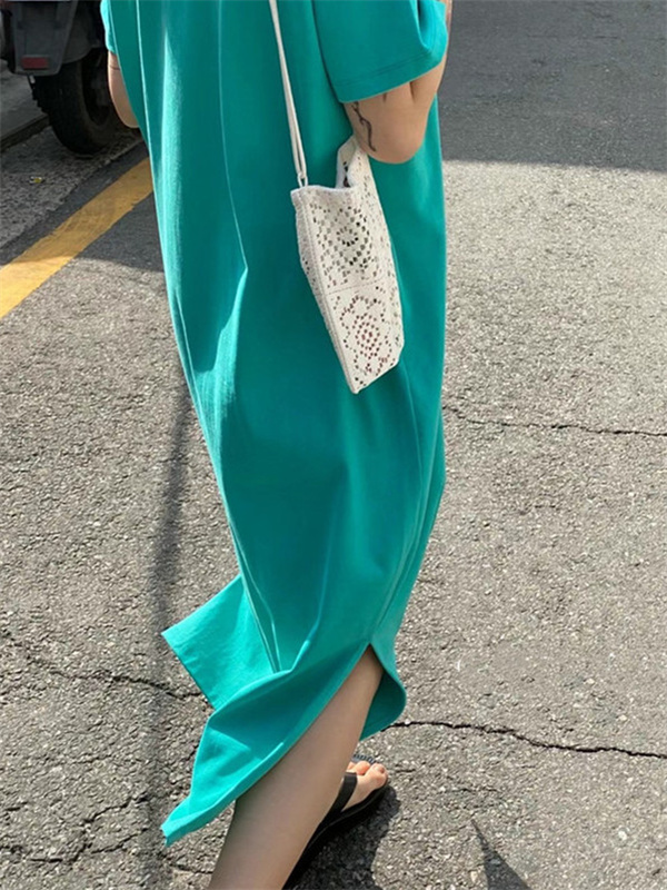 Korean Dongdaemun Solid Color Short-Sleeve T-Shirt Dress for Women, Summer Loose Slit Mid-Length Over-The-Knee Lazy Dress Korean Dongdaemun Solid Color Short-Sleeve T-Shirt Dress for Women, Summer Loose Slit Mid-Length Over-The-Knee Lazy Dress